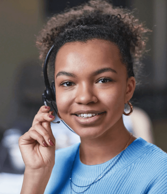 Woman talking to someone using microphones.